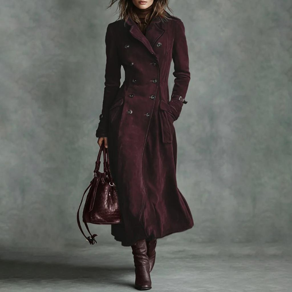 Damen Eleganter Langarmmantel Mit Kragen Und Farbe Wildleder Langer Windbreaker