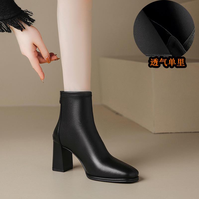 Leather thick heel high heel boots women's autumn and winter velvet new thin boots with skirt white short boots