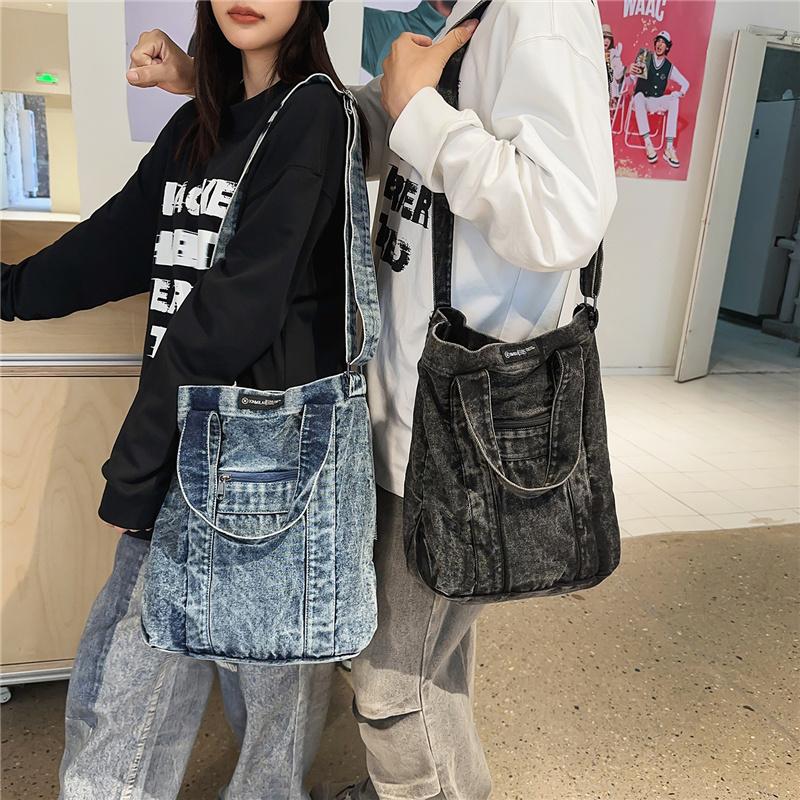 Large Capacity Denim Bag Retro Tote Bag Commuter Student Class Shoulder Crossbody Bag
