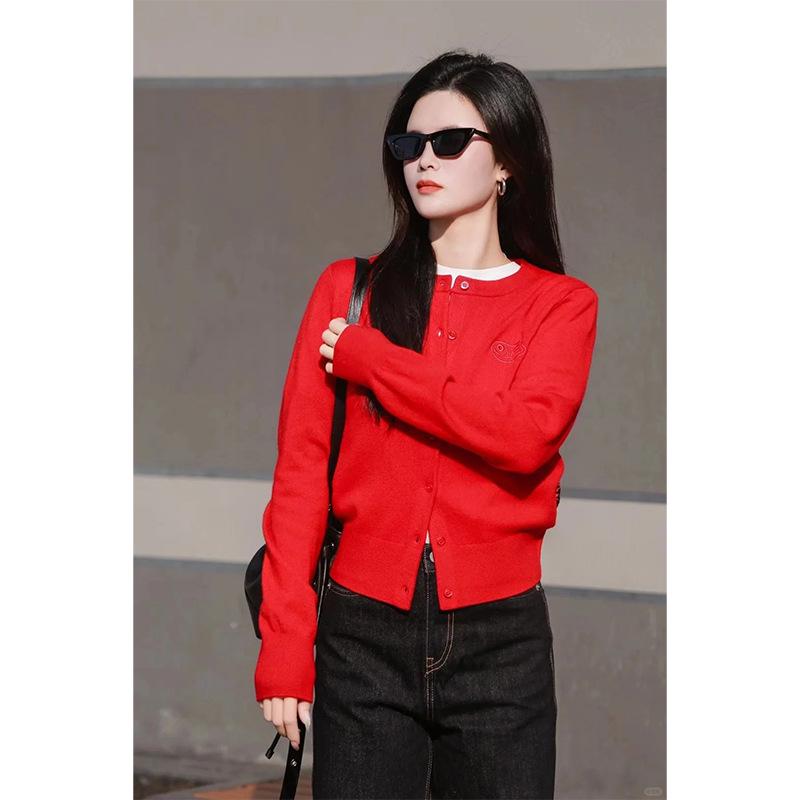 2025 Spring Women's Casual Red Koi Embroidered Wool Cardigan Sweater