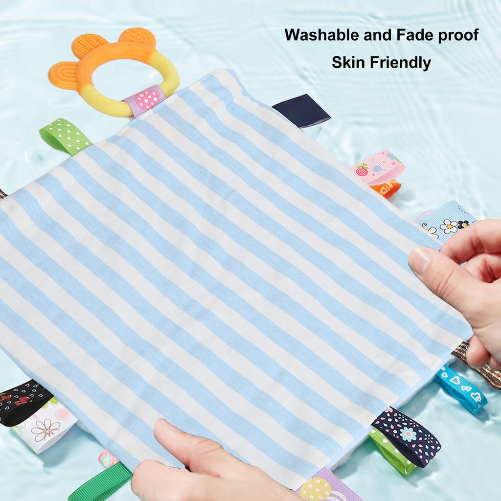 Babyetiketten Sicherheitsdecke Sensorische Beruhigungsdecke Bunte Etiketten Reine Baumwolle Weiche Bettdecke Sensorisches Spielzeug