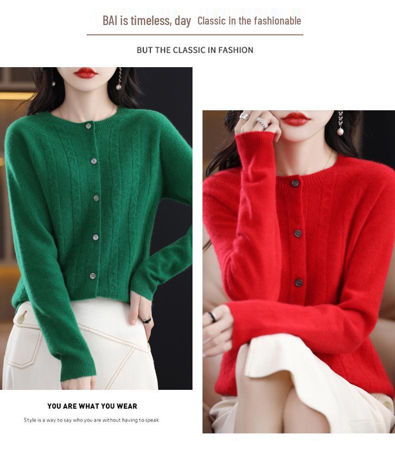 Women's Spring Cashmere Cardigan - Round Neck, Solid Color, Cable Knit, Loose Fit, 100% Pure Wool Sweater