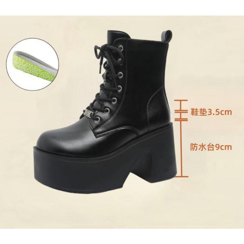 Fashion 12.5CM High Chunky Boots Fashion Lace-Up Thick-Heeled Thick-Soled Motorcycle Boots Waterproof Platform Side Zipper Women's Shoes