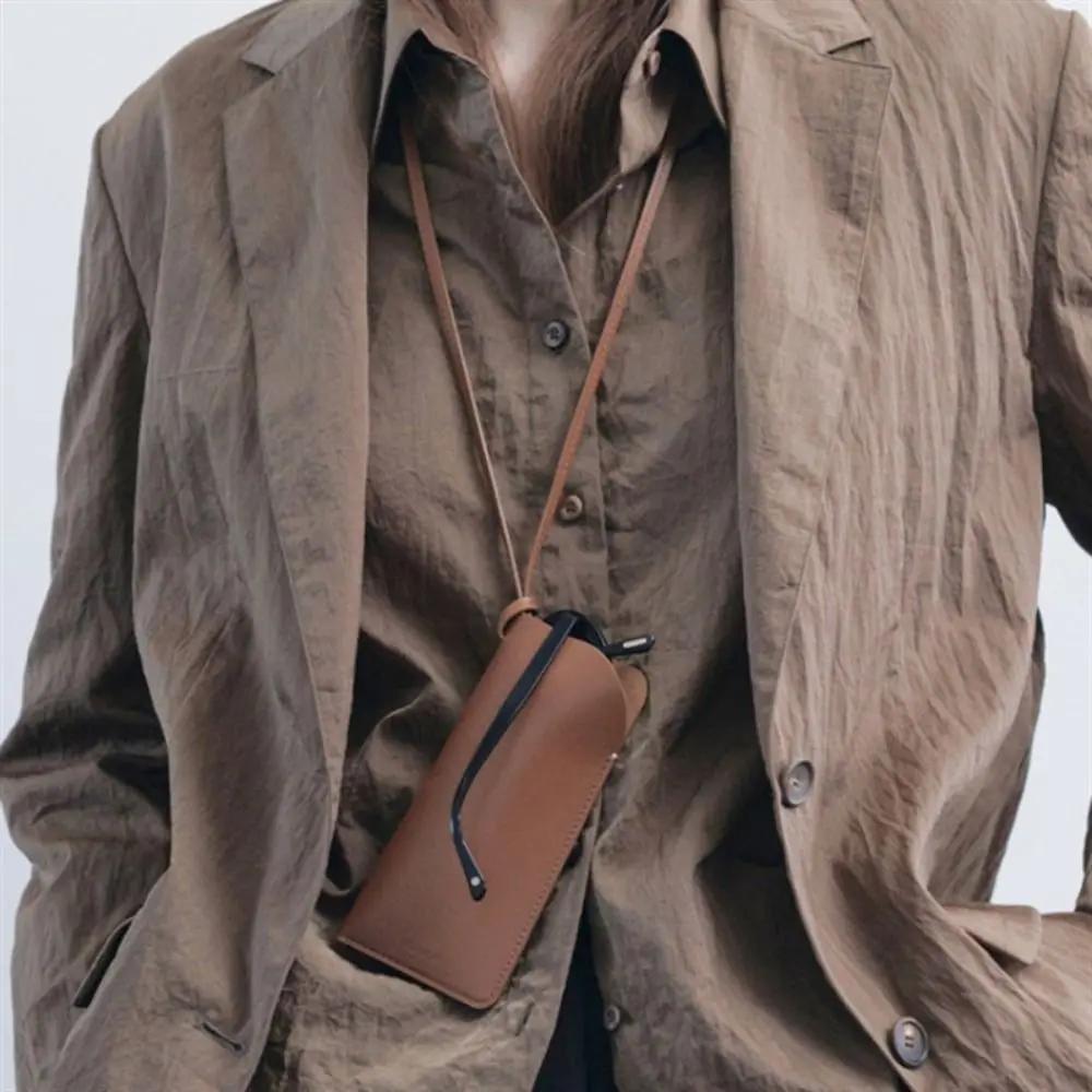 PU Leather Glasses Storage Bag Hanging Neck Glasses Case Sunglasses Storage Clip Solid Color Eyewear Bag Gift 2025 New