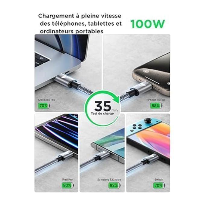 Câble USB C vers USB C [1m+1m/Lot de 2] 100W Cable USB C Charge Rapid 5A PD3.0, Chargeur Type C Nylon USB C Cordon pour iPhone 16 15