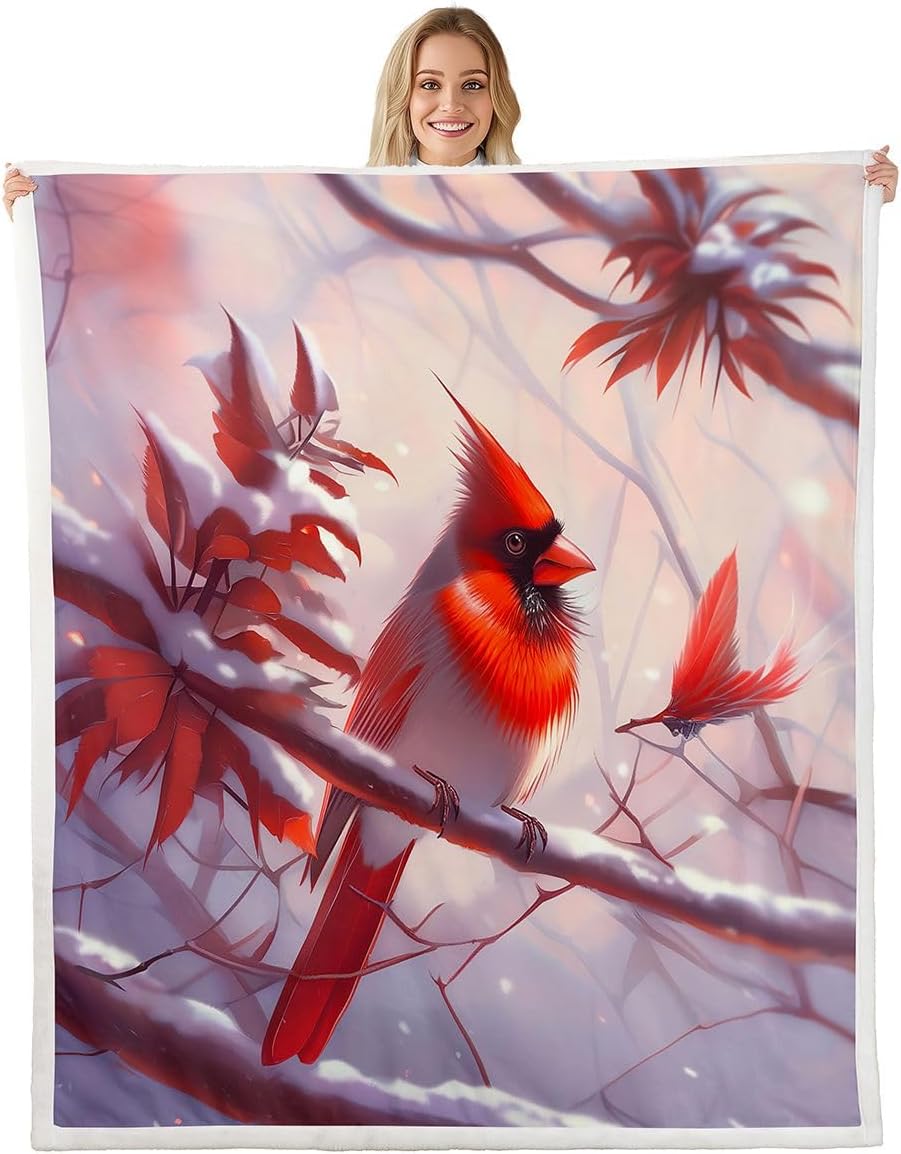 Red Cardinal Sherpa Blanket for Couch, Snowflake Tree Branches Fleece Blanket Cute Wild Animals Bird Fuzzy Plush Throw Farmhouse 75X95CM