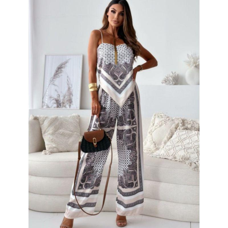 Summer European and American off-Neck Sexy Backless Print Sling Wrap-around Elastic Waist Positioning Flower Trousers Two-piece Suit Women