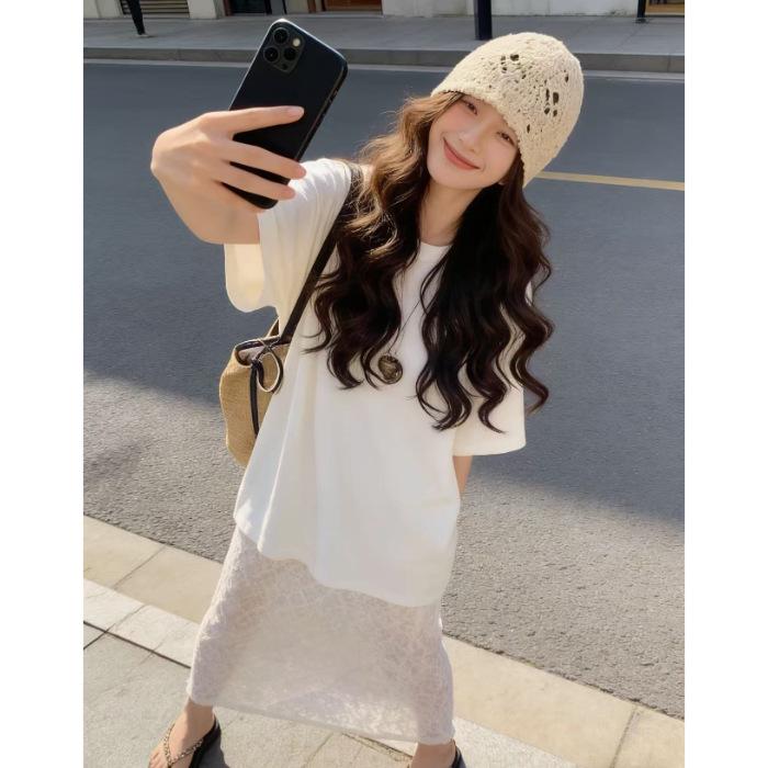 

Women s Summer White Lace Patchwork Two-Piece Long Dress, Short-Sleeve, Vacation Style XL белый