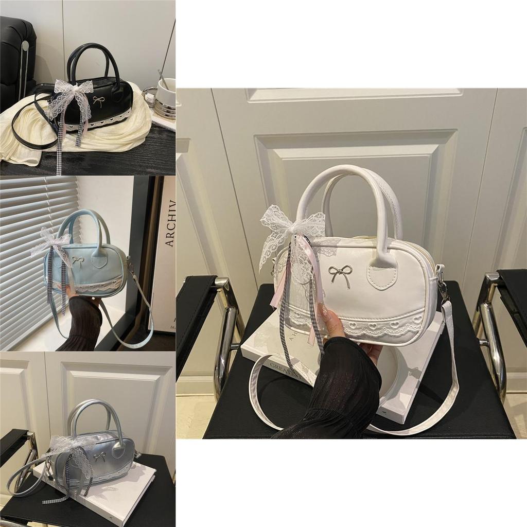 Simple Solid Color Silver Bow And Lace Decoration Women Casual Shoulder Bag For Daily Use