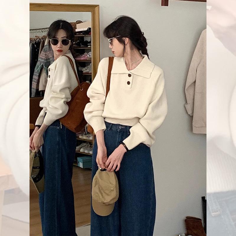 

Женский высококачественный синий трикотажный топ с длинными рукавами - свитер свободного кроя на осень/зиму One size грязно-белый