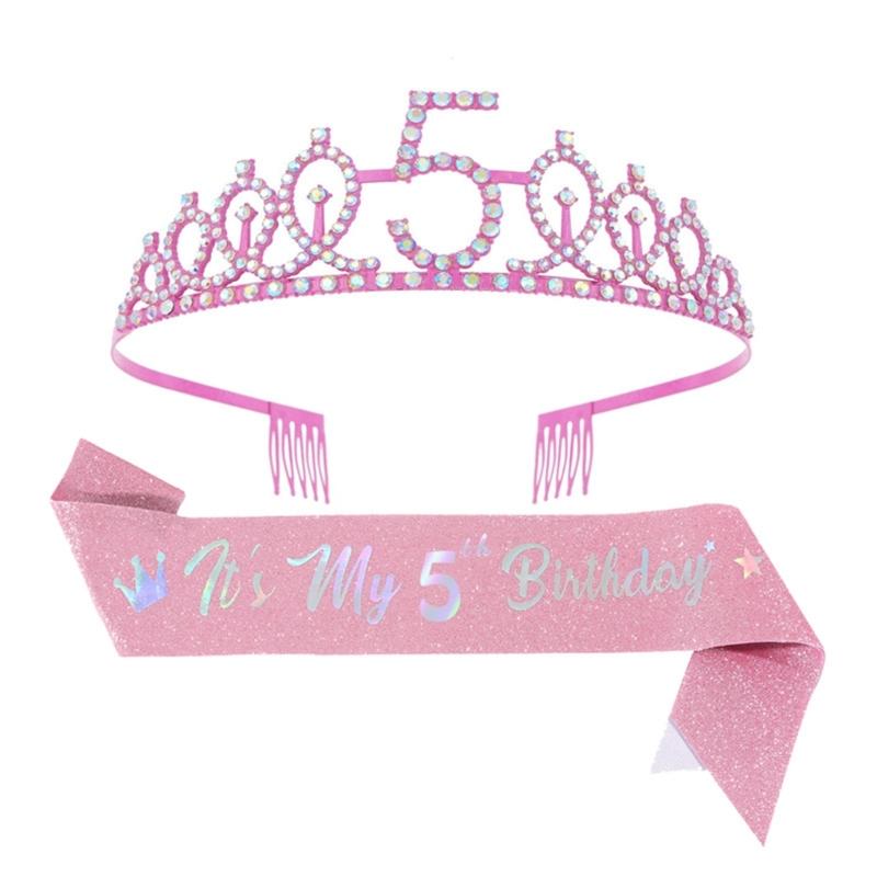 Birthday Princesses Tiaras Set With Rhinestones Crowns Sash Hair Accessory For Girls Party Celebration
