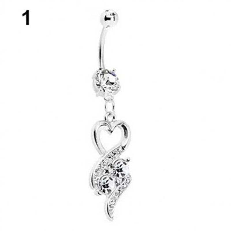Fashionable Surgical Steel Belly Ring with Heart and Swirl Motif and Blue Crystals