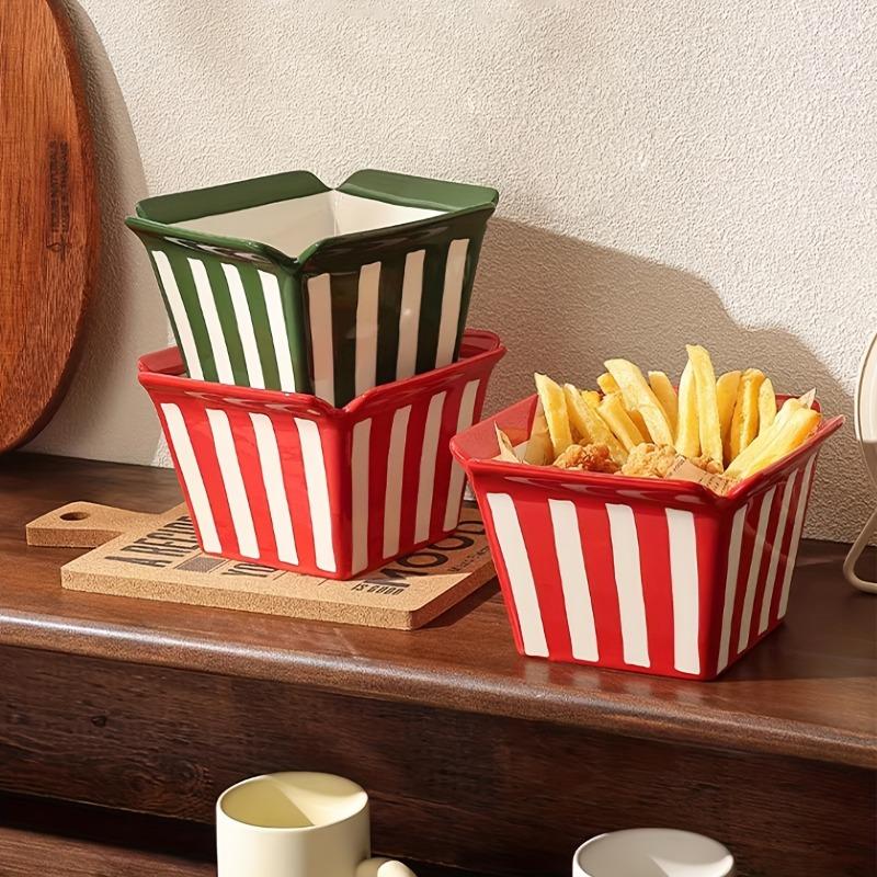 25.36oz Striped Cartoon Ceramic Snack Bucket, French Fry Popcorn Storage Bowl for Movie Night Home Decor