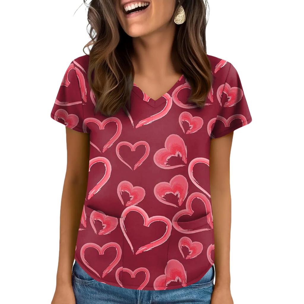 Damen V-Ausschnitt Valentinstag Bedrucktes Kurzarm-Top mit Taschen und Seitenschlitzen, geeignet für Pflegekräfte.