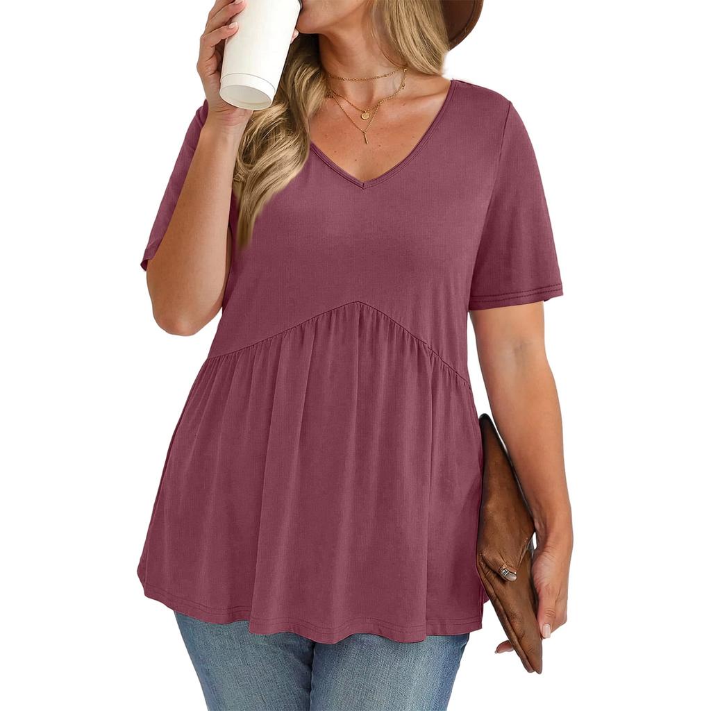 Women's Plus Size Fashionable Casual Loose-Fit V-Neck Short-Sleeve Top