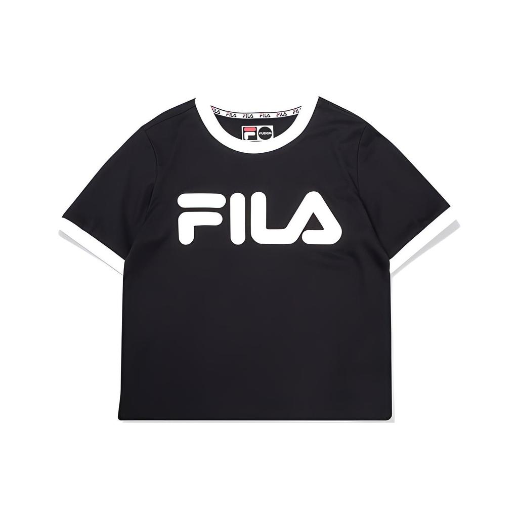 Fila Fusion Letter Large Logo Printed Cotton Regular T-Shirt Women Tops Black T11W022117FBK