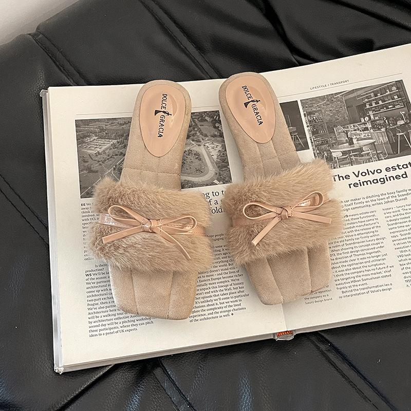 Autumn and winter fashion retro bow wedge heel fluffy slippers simple word casual outer wear women's cotton mop