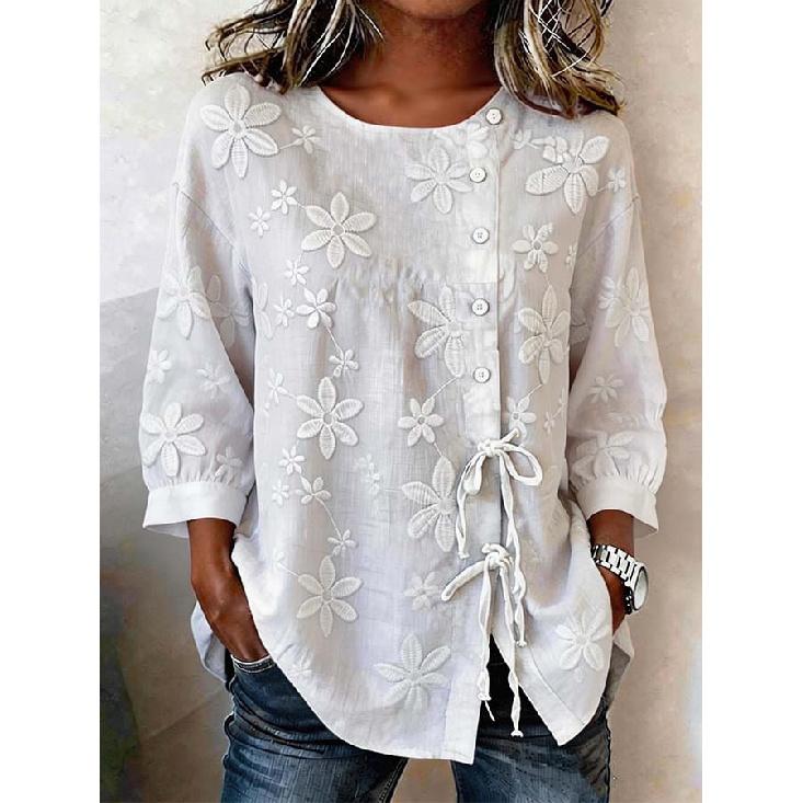 2026 New Style Loose Embroidered Shirt for Women, Tie-Waist, Three-Quarter Sleeve, Cotton-Linen Top, Spring Casual Women's Clothing