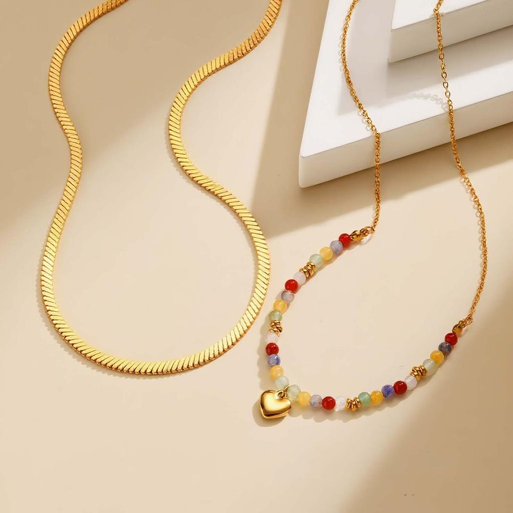 Stainless Steel Double-layer Blade Chain Necklace for Women,Gold Plated Colourful Bead Heart Pendant Necklaces,Set Jewelry Gift