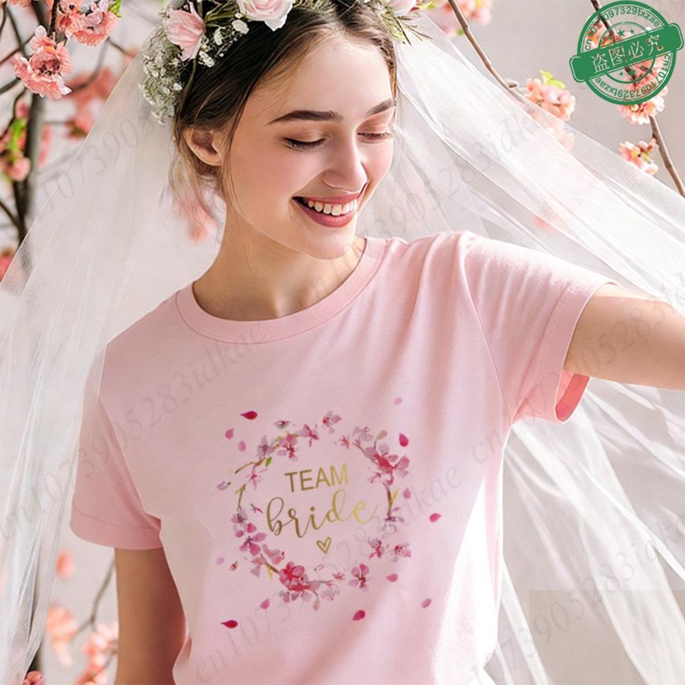 

Team Bride Bridal Party T-Shirts, Pink Floral Wreath Print Wedding & Bachelorette Tops, Women s Casual Short Sleeve O Neck Tees XXS