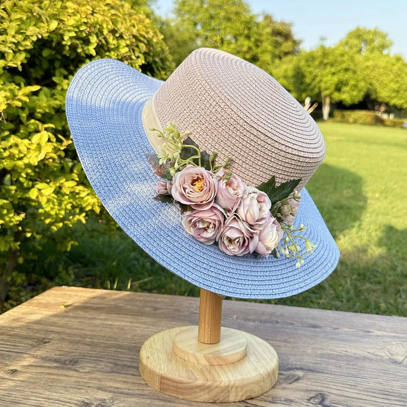 French Style Floral Boater Hat Women 2025 New - UPF 50+ Sun Hat Two-Tone Beach Cap Summer Garden Wedding M 56-58cm