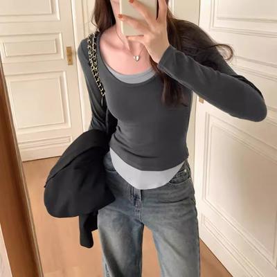Langarm Damen Kaltes Basic Warmes Hemd Herbst Falsches Zweiteiliges T-Shirt Farbblockierendes Unterhemd Damen Dünne Rundhalsoberteile für Draußen