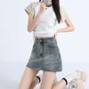 Fusta scurtă de denim retro Fusta scurtă de slăbire cu talie înaltă de vară pentru femei, Fusta înfășurată în șold cu linie A anti-orbire