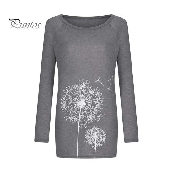 Damen-Tunika-Oberteil in Übergröße mit Löwenzahn-Print, Longline-Shirt, Rundhalsausschnitt, Langarm, Pullover, T-Shirt, lässige Bluse mit lockerer Passform für die Arbeit, den Alltag