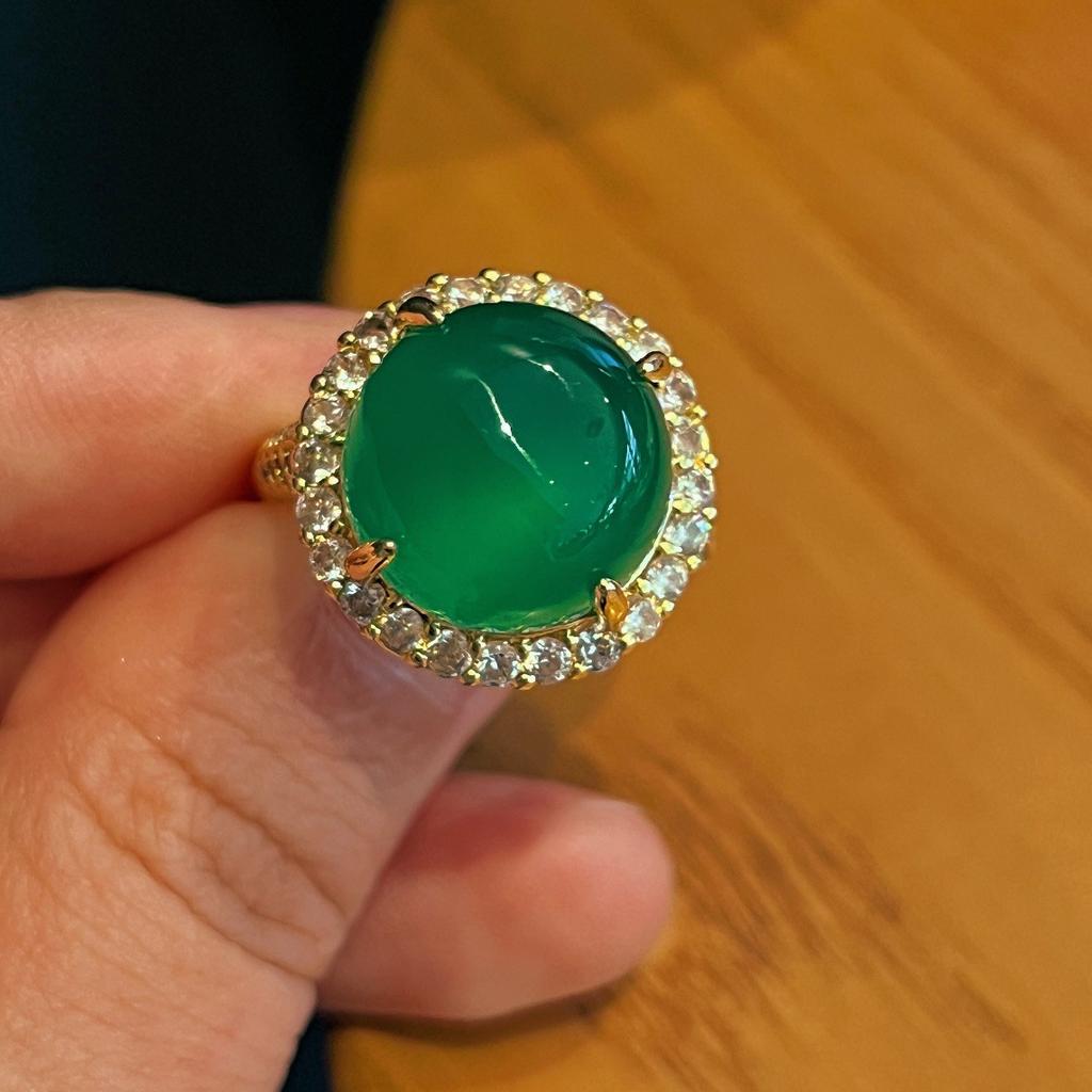 Full Green Yang Green Natural Agate Chalcedony Ring Women's Opening Slightly Inlaid