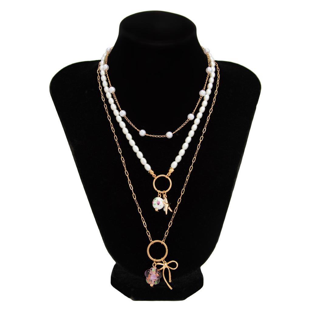 Wind Bow Starfish Conch Necklace Set, Design Imitation Pearl Beaded Collarbone Necklace