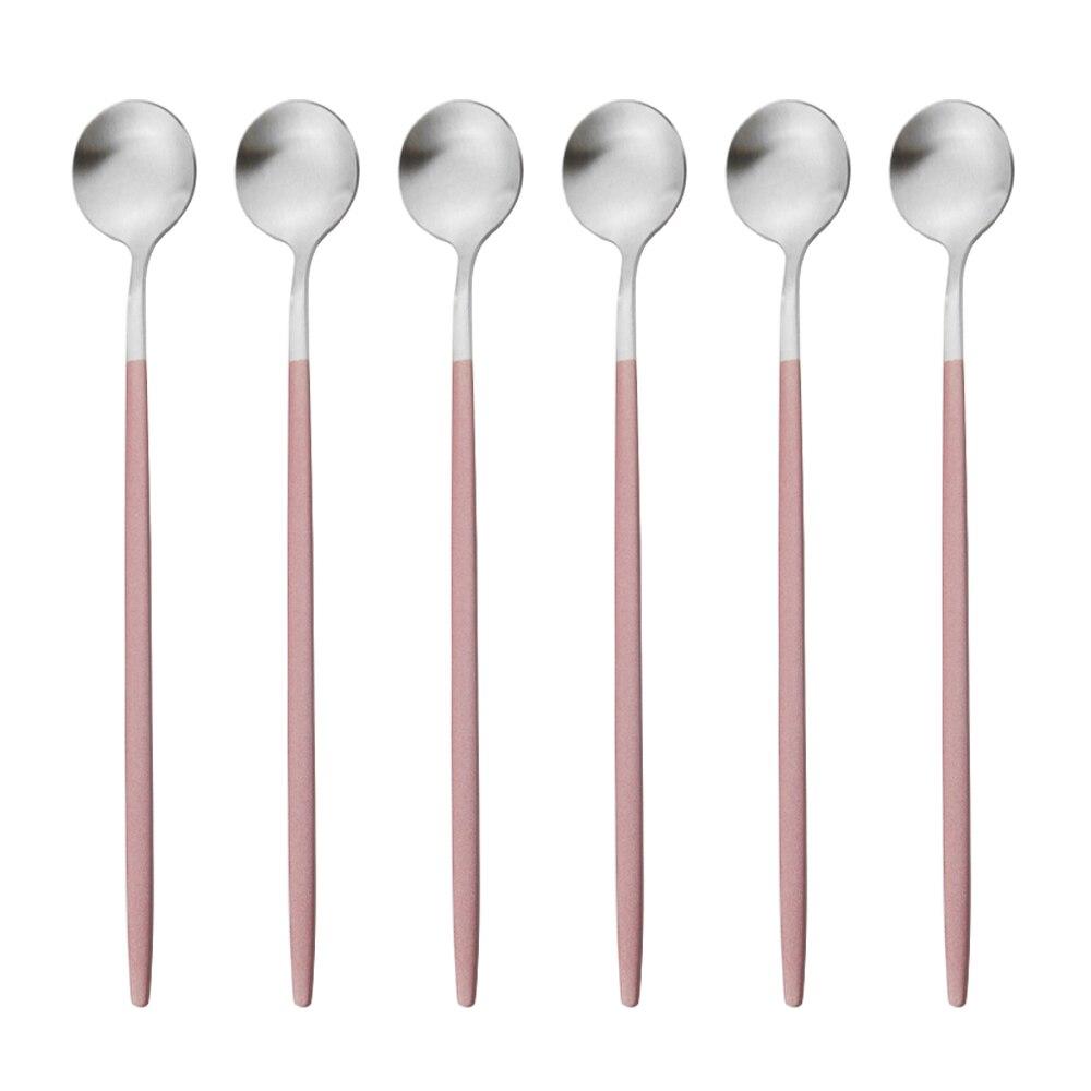 6ks Barevné příbory s dlouhou rukojetí Matné nerezové Lžíce Leštěné Míchání Nápoj Zmrzlina Dezert Čajová lžička Sada nádobí