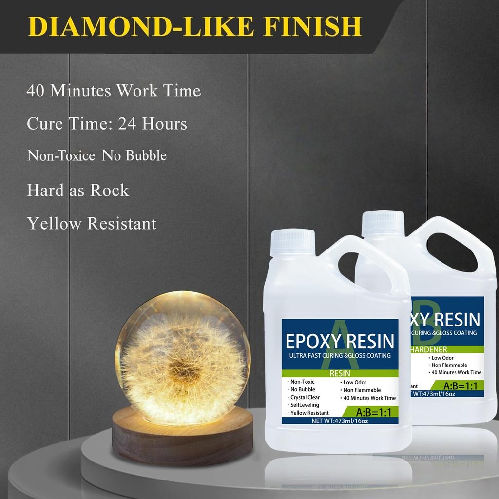 Epoxy Resin Kit 32OZStrong, Bubble-Free, Anti-Yellowing Art Resin ThatSuitable for Casting, DIY, Molds, Easy To Mix 1:1 Ratio