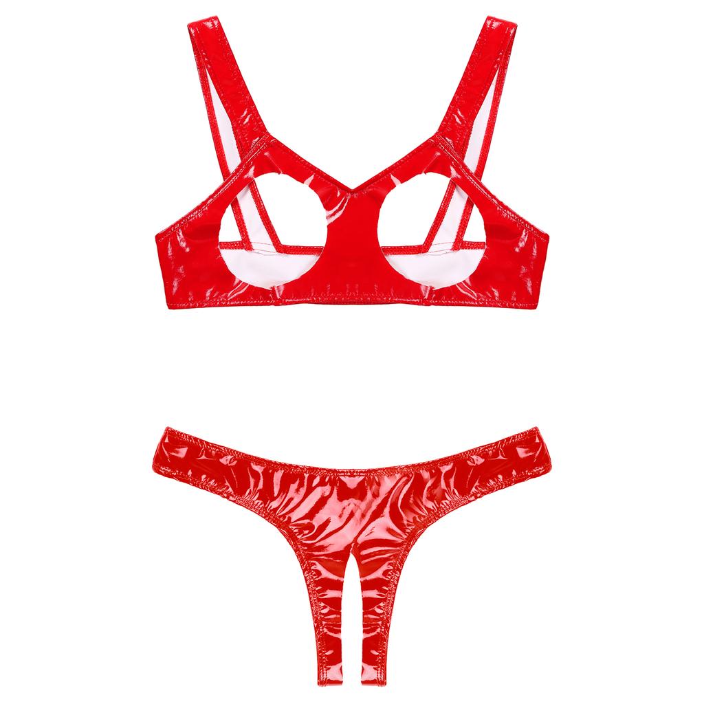 Women Ladies Bare Chest Sexy Lingerie Set Wet Look Patent Leather Underwear Suit Open Cups Bras with Crotchless Briefs Clubwear