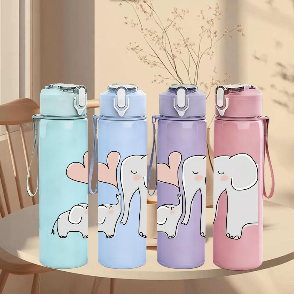 1PC Mom Baby Elephant Gentle Love Print 750ml Color Plastic Sports Water Bottle Leakproof Flip Straw Lid Suitable for Sports Office Home Use