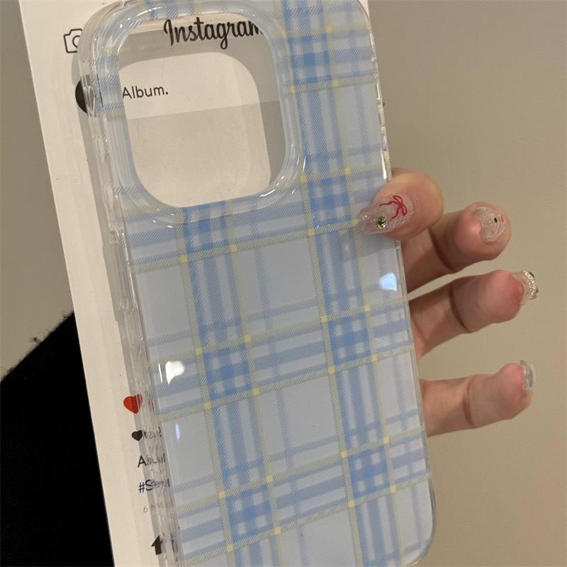 INS Korean Lovely Blue Check Phone Case For iPhone 16 15 14 13 12 11 Pro Max 16E 7 8 Plus X XR XS Max SE Shockproof Back Cover