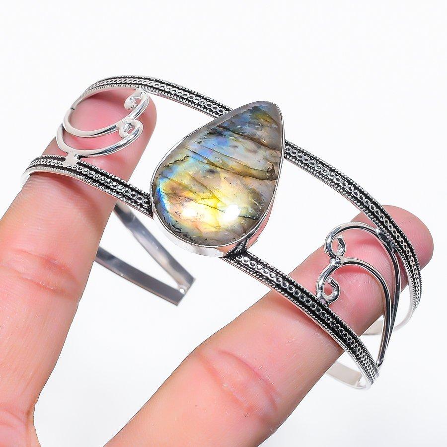 Natural Labradorite Gemstone 925 Sterling Silver Cuff Bangle Adjustable r6D60