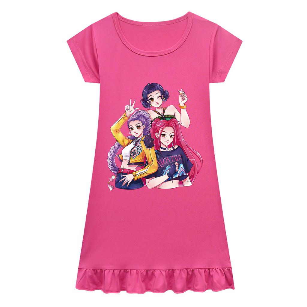 Kids Girls Anime Cartoon K-POP Rumi Zoey Mira Print Pleat Short Sleeve Casual Round Neck Dress