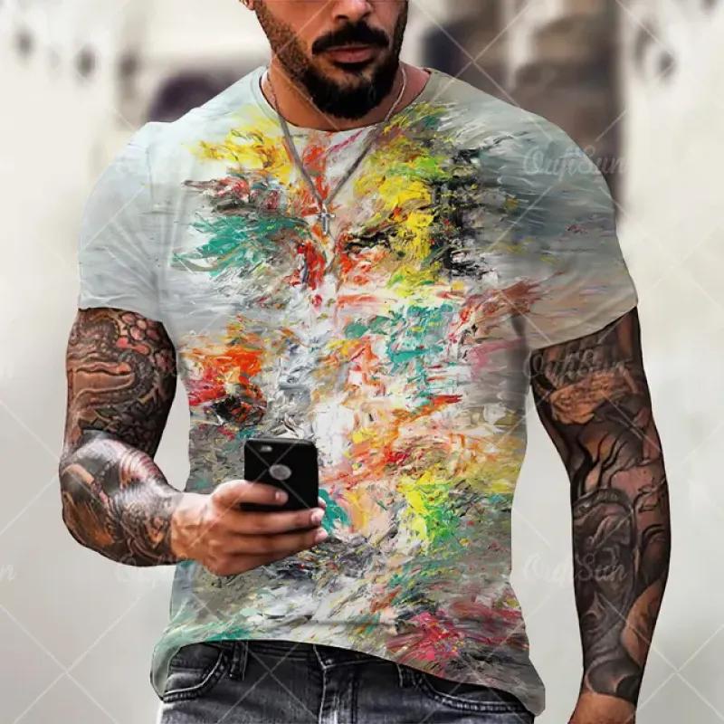 Vintage Men's T-shirt Personality Colorful Striped Print Fashion O Collar Short Sleeve T-shirt Breathable Street Wear T-shirt