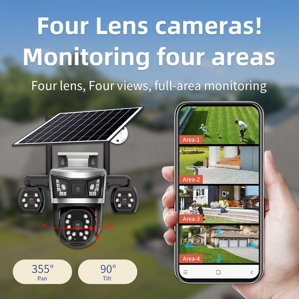 Solar PTZ Camera – 4G 4-Lens with 4-Screen Display, Outdoor Wireless Security Surveillance