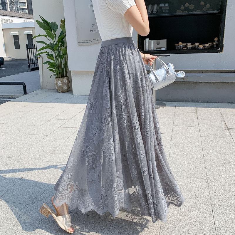 Women's Double-Sided Lace A-Line Pleated Long Flare Skirt for Autumn
