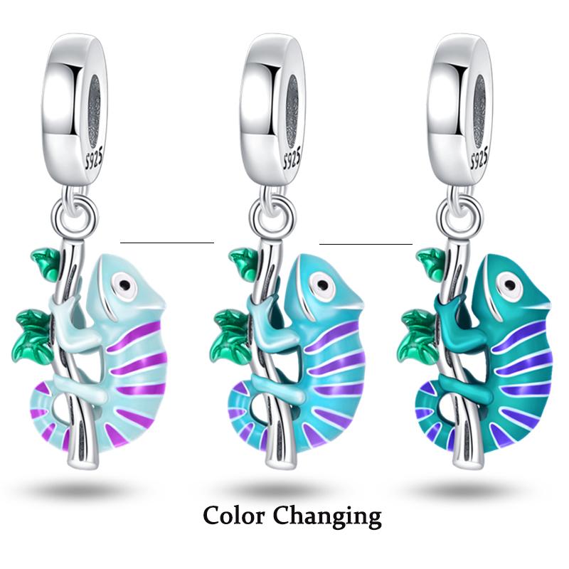 100% S925 Silver Temperature Change Color Chameleon Elephant Trendy Charms Fit Pan Original Bracelets DIY Fine Jewelry Gifts