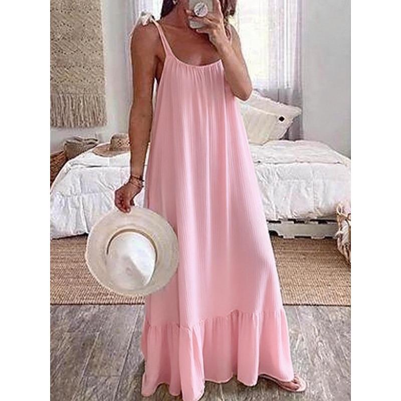 VEZFAA Women's Fashion Summer Spring Solid Color Print Sleeveless Suspenders Loose Waistlinet Casual Dresses