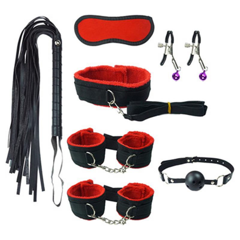 7pcs SM Bundled Sex Toys For Couples Cosplay Pu Plush Suit Included Eye Mask Mouth Ball Whip Handcuff Shackle Neck Sleeve Clip