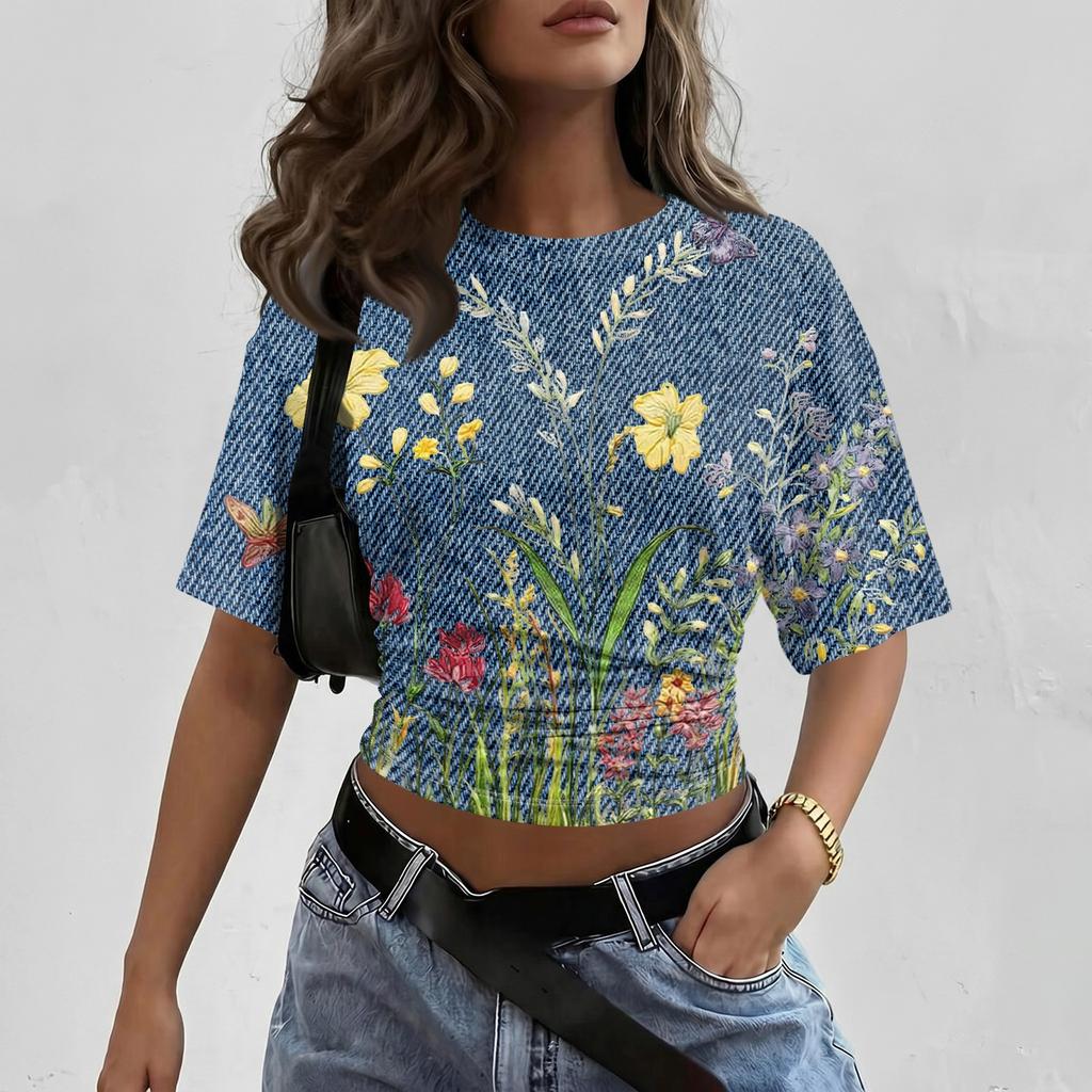 Womens Crew Neck Pullover Printed Short Sleeve T Shirt Loose Fit Casual Top with Floral Pattern and Comfortable Fabric