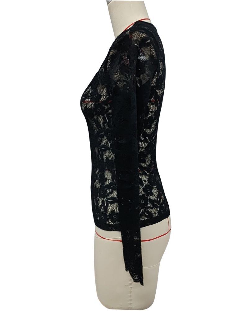 Women's V-neck Lace T-shirt Scalloped Collar Single-layer Solid Color Long-sleeved Slim Versatile Fashion Top