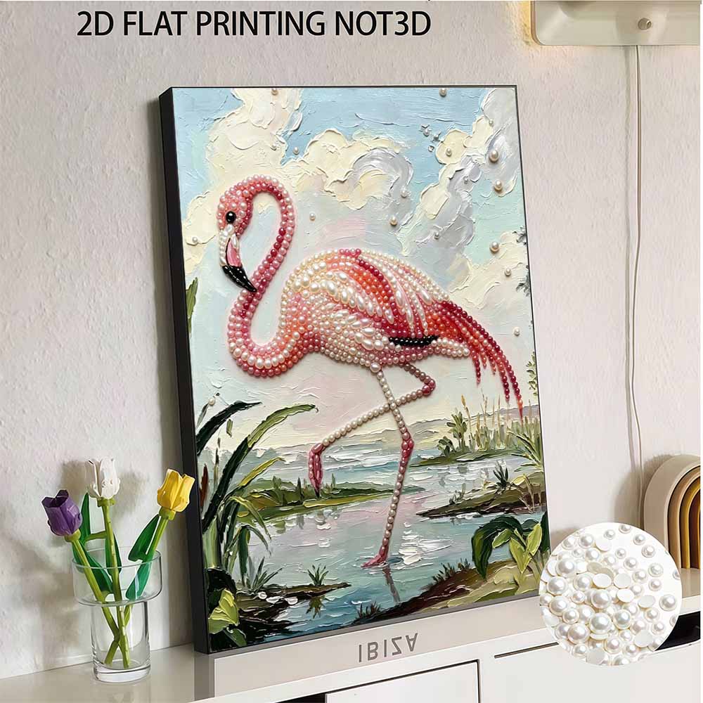 Pink Flamingo Pearl Art Painting with Frame Shiny Bead Canvas Creative Leisure Craft for Modern Wall Decor Gift Home Ornament Wall Art DIY