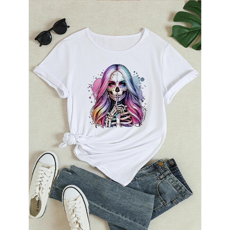 Women's Gothic Skull & Floral Print Crew Neck T-Shirt - White with Pink & Blue 2D Flat Graphic, Loose Fit Casual Round Neck Top f