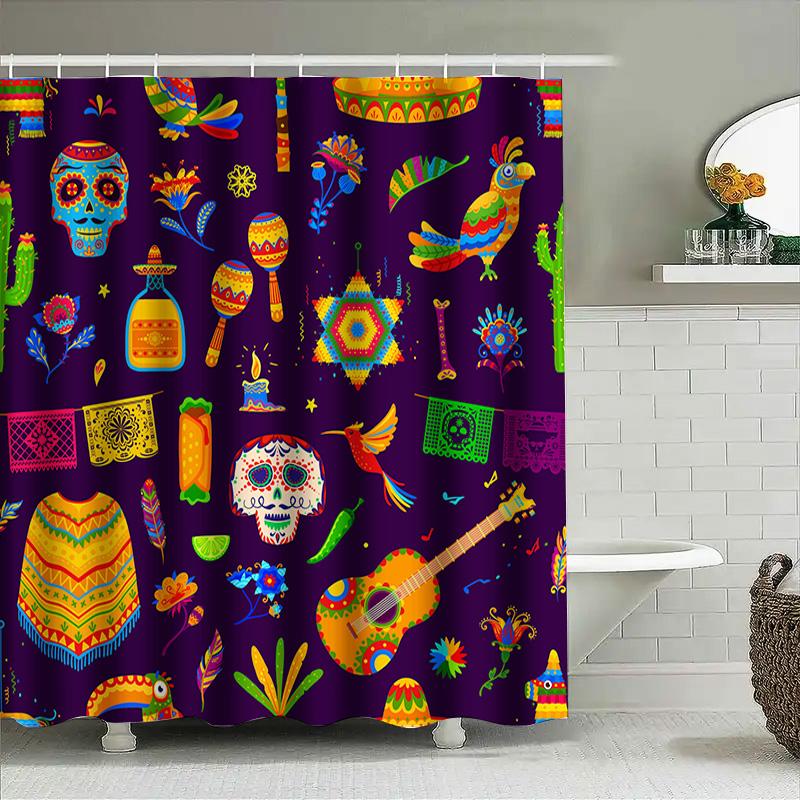 Rideau de douche folklorique mexicain motif violet avec crânes, oiseaux, guitares pour décoration de salle de bain