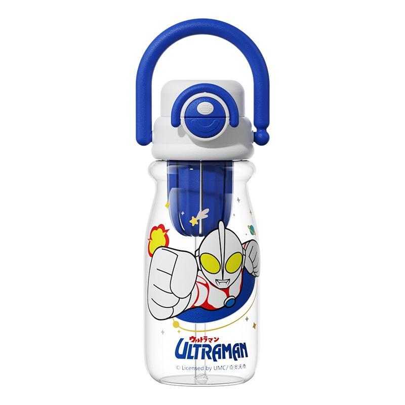 X&W for Ultraman Children Water Bottles Plastic Cartoon Straw Cup with Tea Infuser& Scale Student School Double Drinking Cup