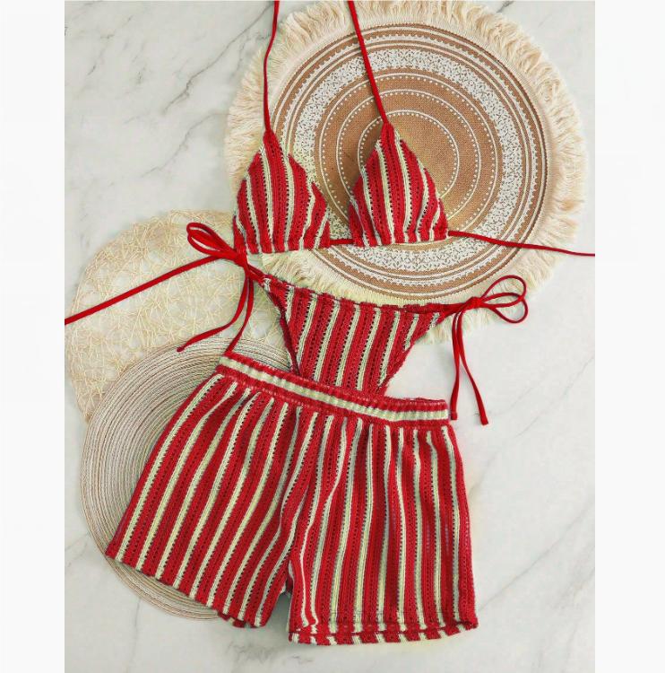 Style Boxer Shorts Mesh Three-piece Women's Swimsuit Neck Lace-up Bikini Set